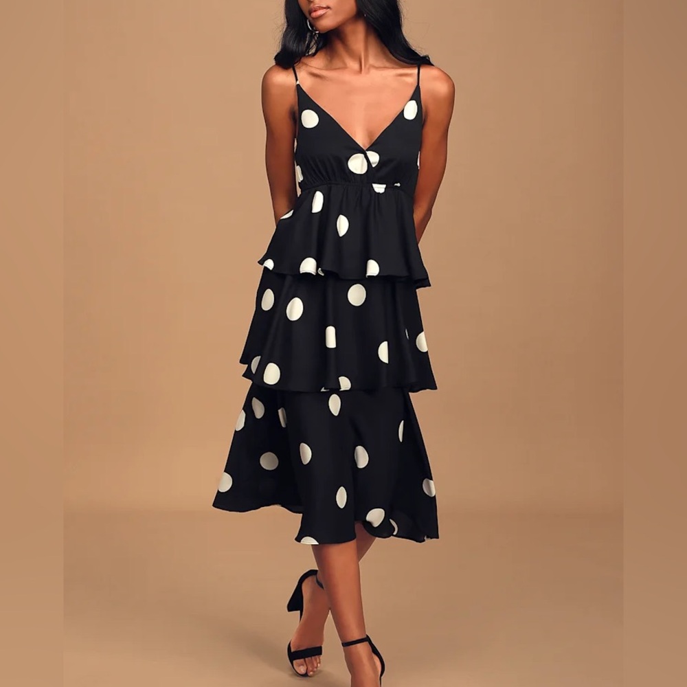 O.P.T. Cava Black & White Polka Dot Tiered Midi Dress – Size Small